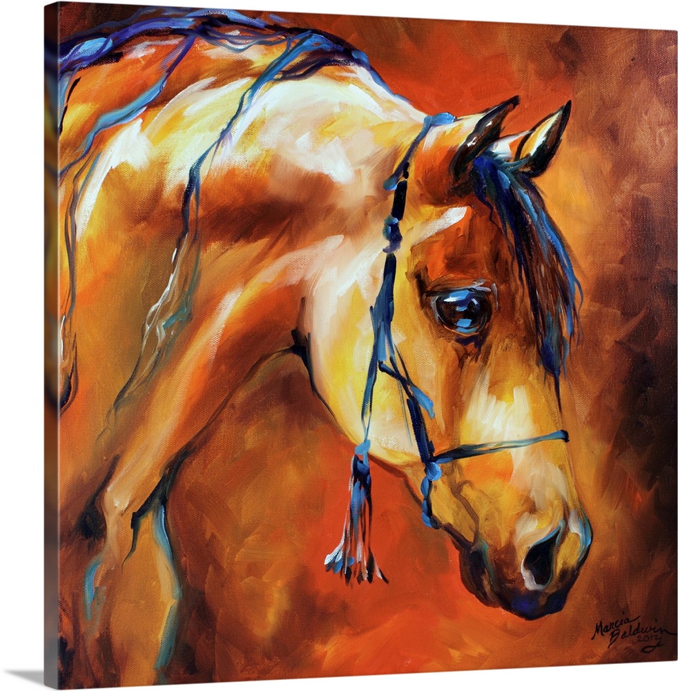 Square painting of the Arabian Show Halter Horse in warm hones with some blue hair on its mane.