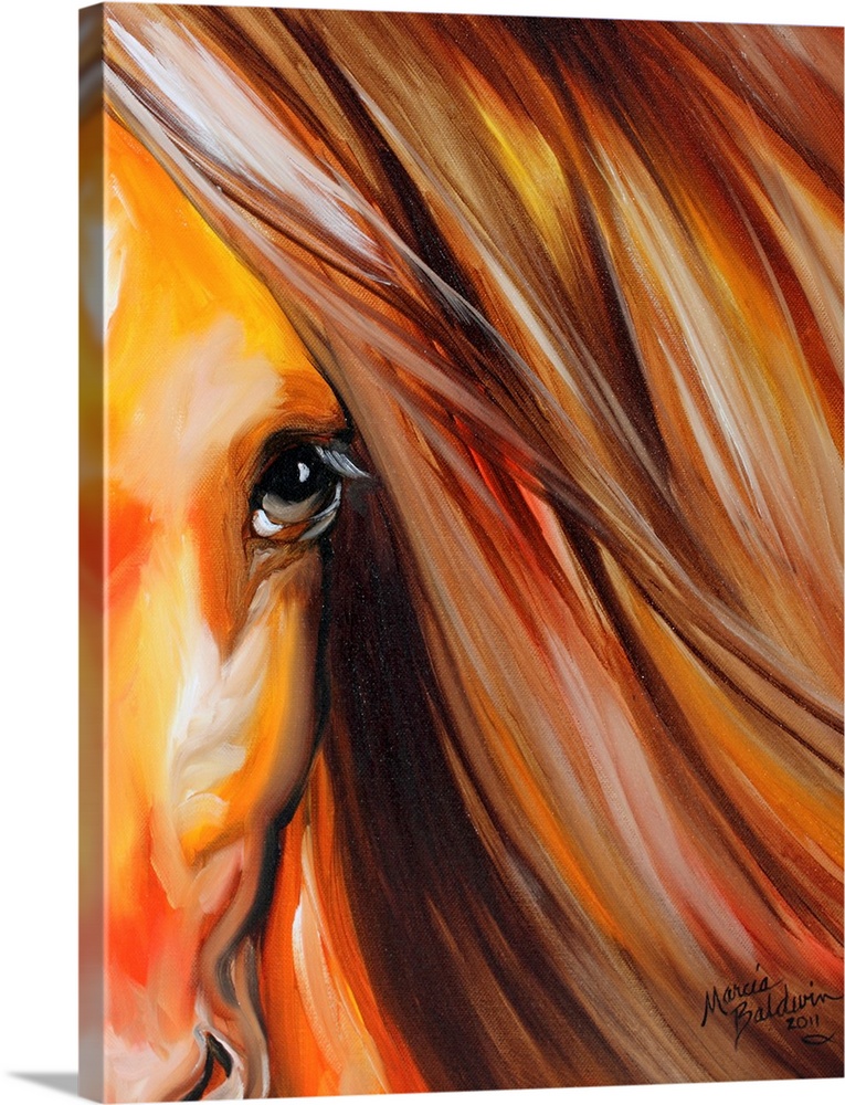 Contemporary painting of half of a horse's face with its beautifully flowing mane on the side.