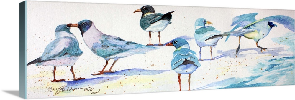 A watercolor painting of sandpipers enjoying the white sand.