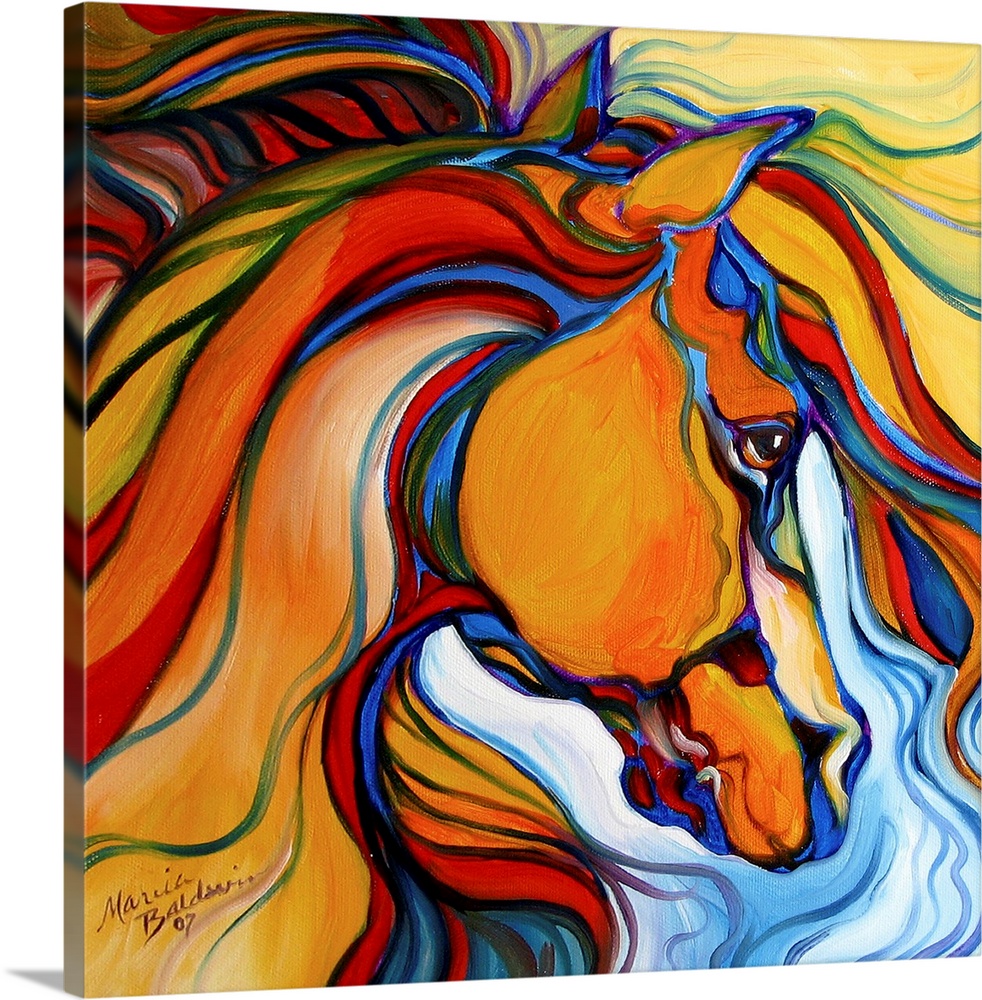 Square painting of an abstract horse with vibrant colors.