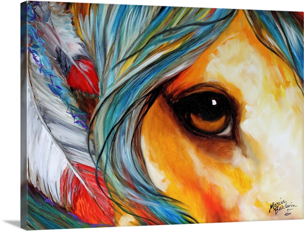 Contemporary painting of a horse close-up with a beautiful brown eye and colorful mane with feathers attached.