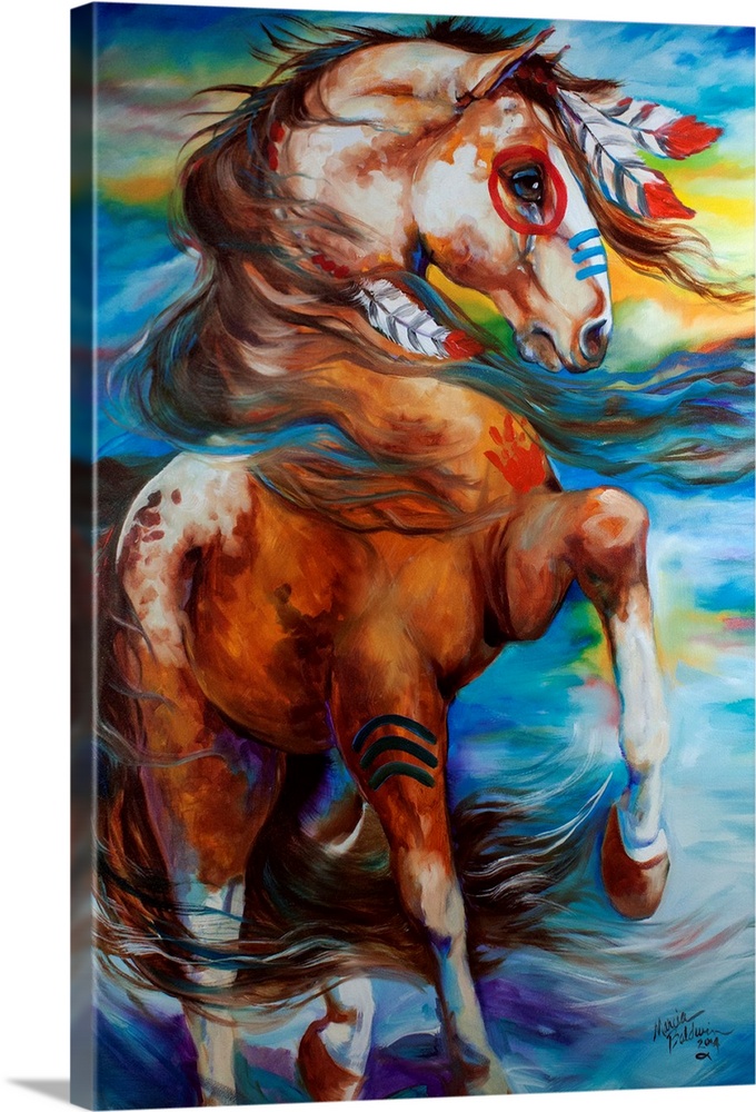 Contemporary painting of an Indian War Horse in action on a colorful, abstract background.