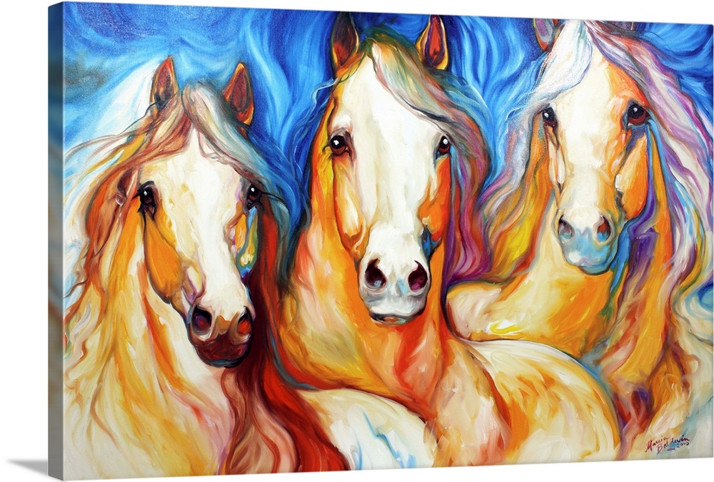 Contemporary painting of three light brown horses with flowing manes on a blue background.