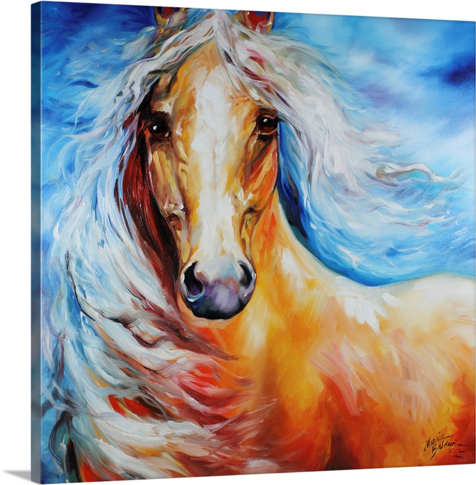Painting of a horse with a white flowing mane on a square blue background.