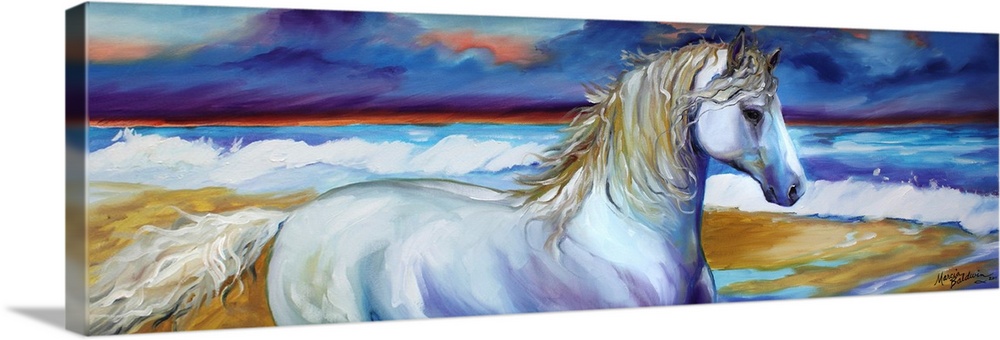 Panoramic painting of a white horse with a beach blown mane on the shore with the ocean and dramatic clouds in the backgro...