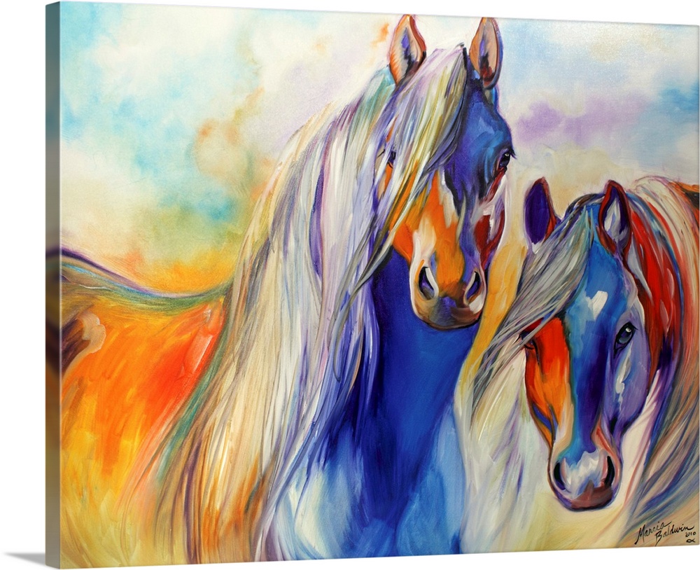 Contemporary painting of two colorful horses standing next to each other with beautifully flowing manes.
