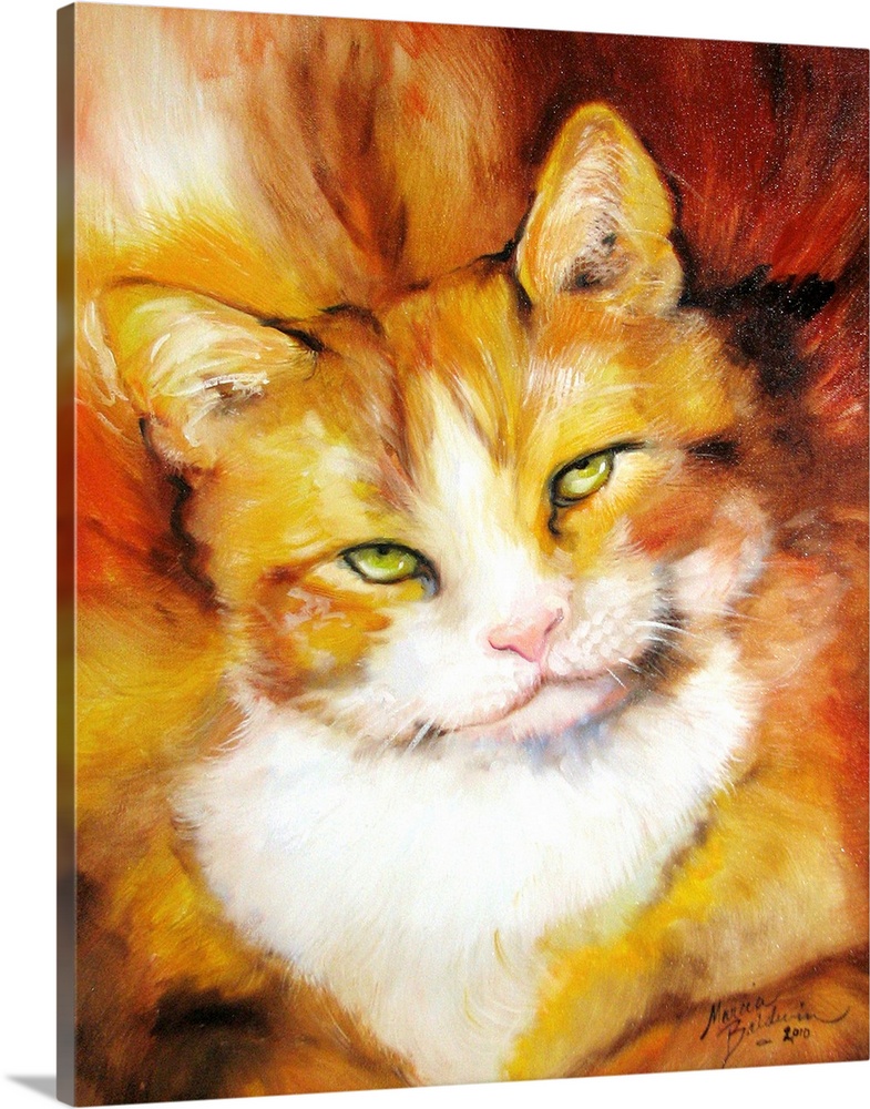 Painting of an orange and white cat on a warm, abstract background.