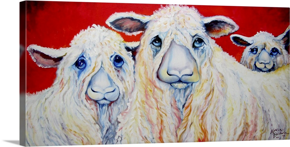 Contemporary painting of three sheep with sad eyes on a red background.