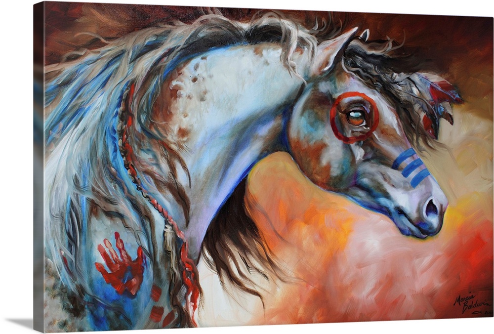 Contemporary painting of an Indian War Horse with red and blue body paint and flowers in its mane on an abstract backgroun...