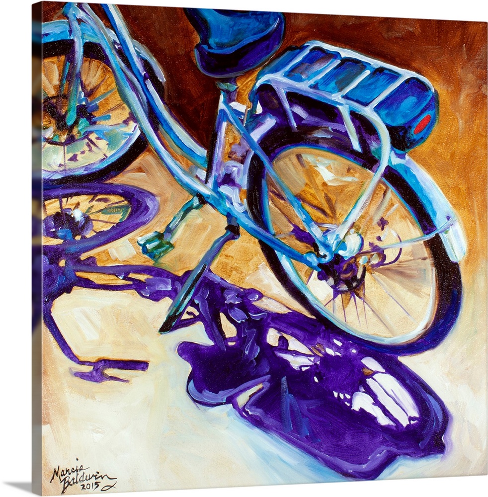 Contemporary painting of a bicycle in cool tones with a purple shadow on a brown and cream square background.