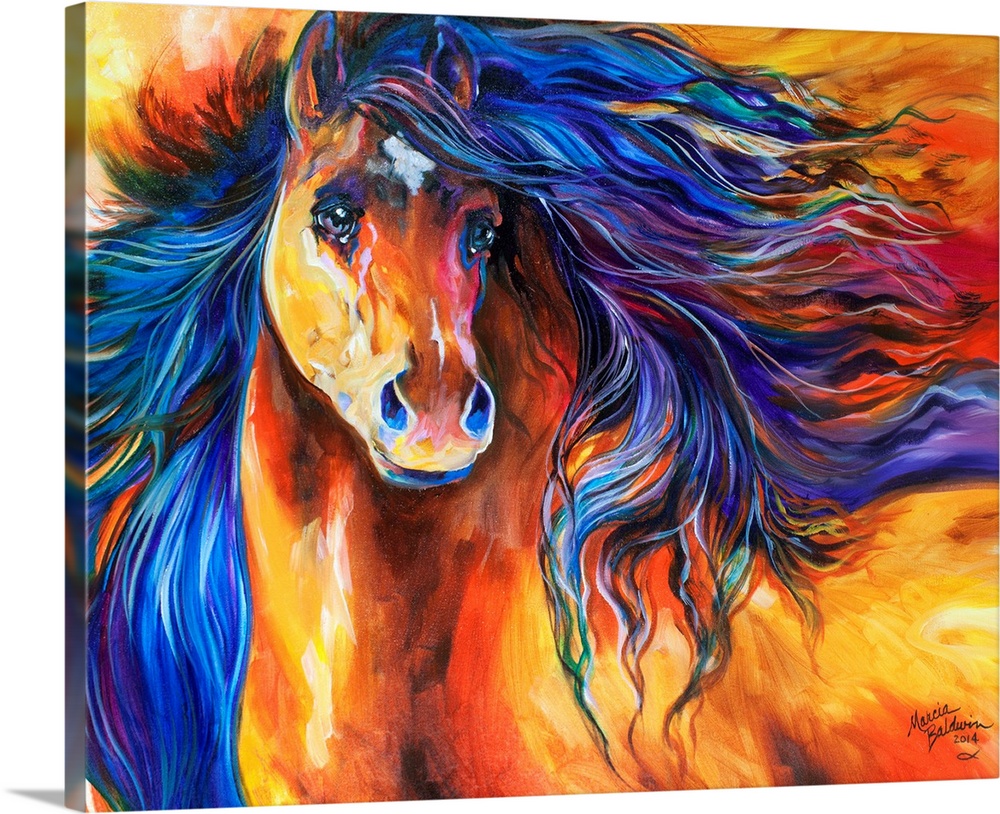 Contemporary painting of a horse with a golden coat and a blue and purple mane blowing all around.