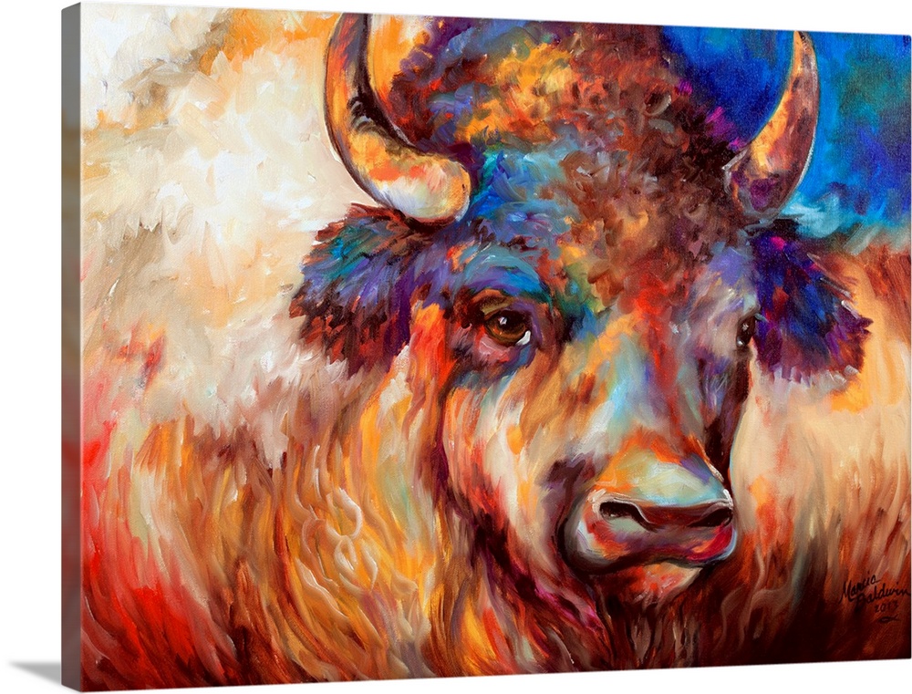 Abstract painting of a buffalo close up with brown, red, orange, yellow, blue, and purple hues.