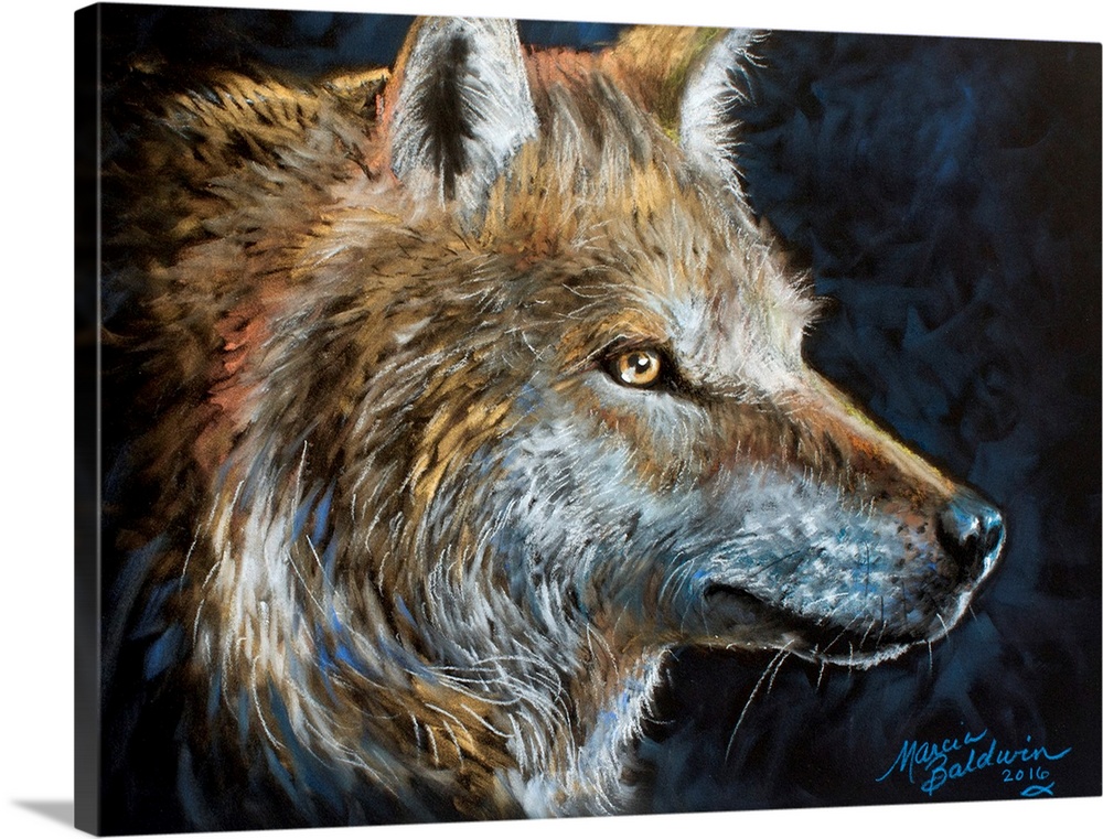 Contemporary painting of the side profile of a wolf on a dark blue and black background.