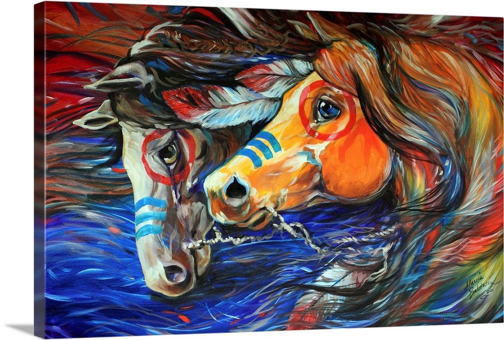 Contemporary painting of two Indian War Horses with blue and red body paint and feathers in the mane on an abstract blue a...