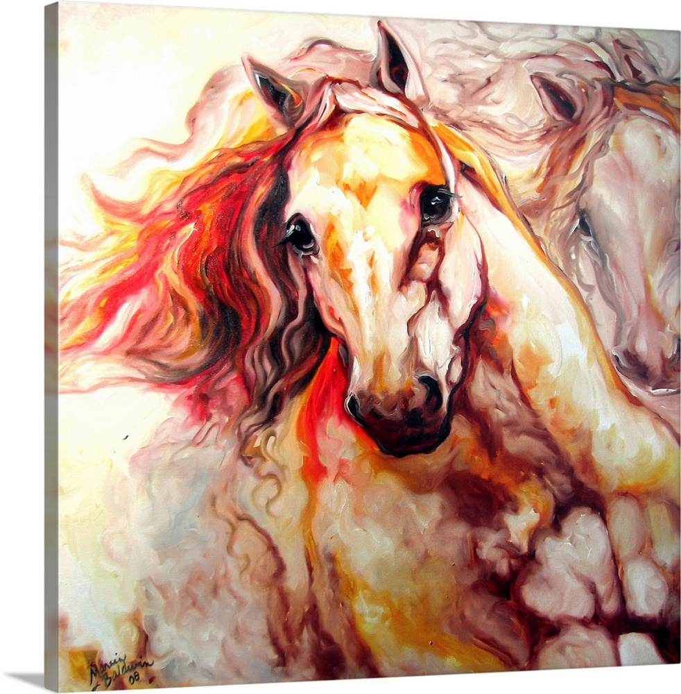 Square abstract painting of two horses in motion in warm hues.