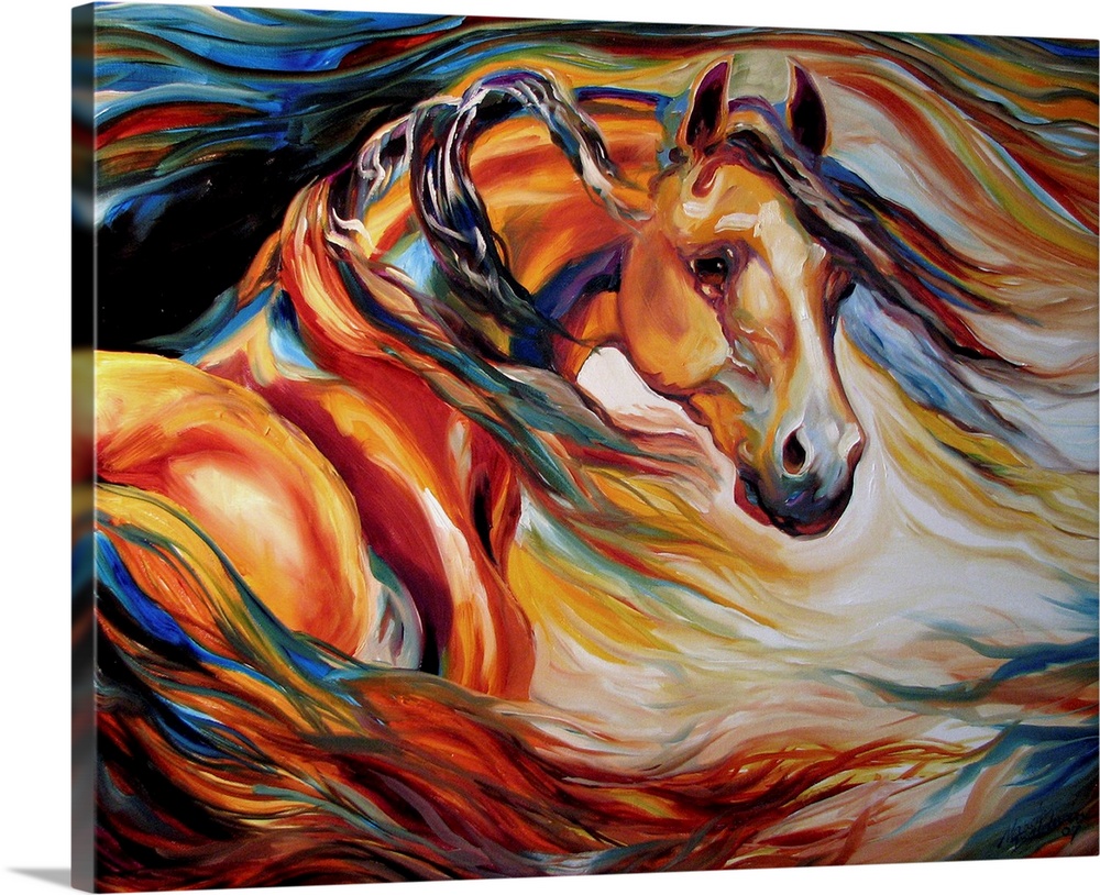 Abstract painting of a horse created with colorful, wavy brushstrokes.
