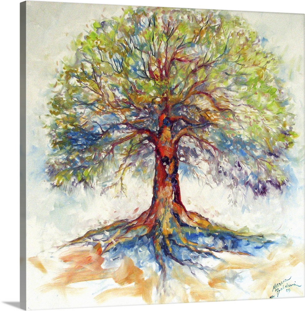 Square painting of a bold and colorful tree on a white background with faint blue, green, and orange hues.
