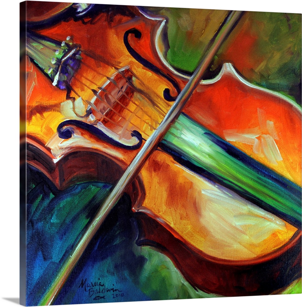 Square painting of a violin close-up with the bow resting across it on a blue and green background.