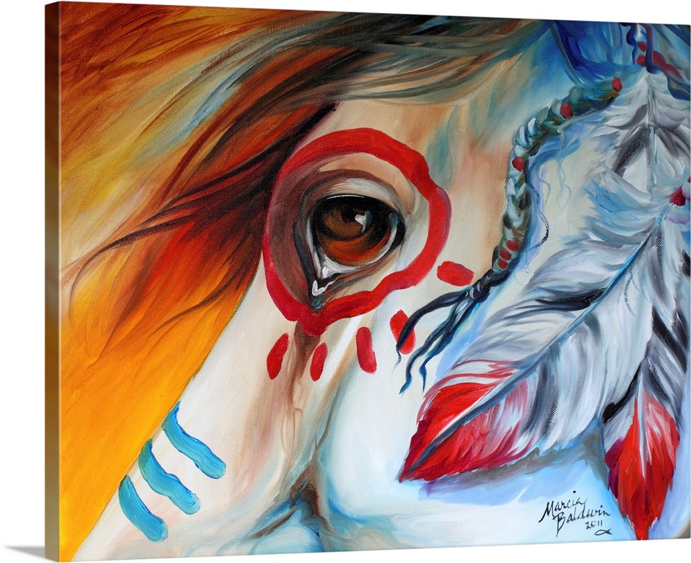 Contemporary painting of a horse close-up with Indian war paint and feathers and the emotions depicted in the eye of the h...