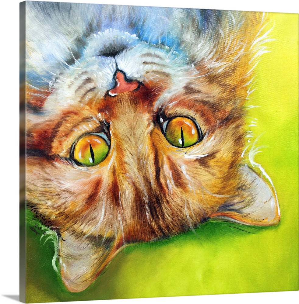 Square painting of an orange striped cat laying upside down on a bright green and yellow background.