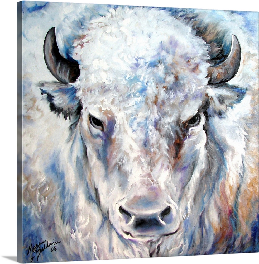 Square painting of a white buffalo created with cool tones and small brushstrokes for texture in the fur.