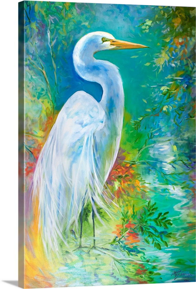 Contemporary painting of the Great White Egret among flora and tundra, along the watery landscape.