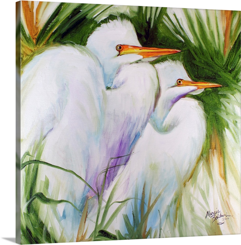 Contemporary painting of two white egrets with cool blue and purple shadows on their feathers on a square background with ...