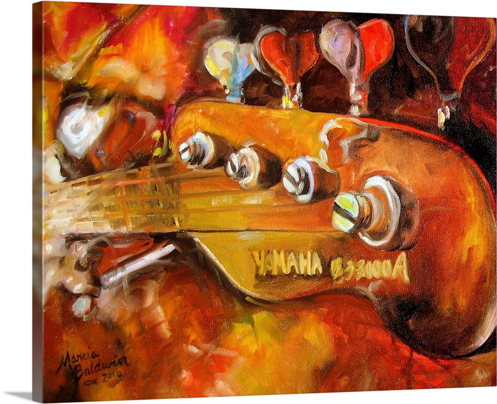 Contemporary painting of the headstock of a Yamaha bass guitar in warm tones.