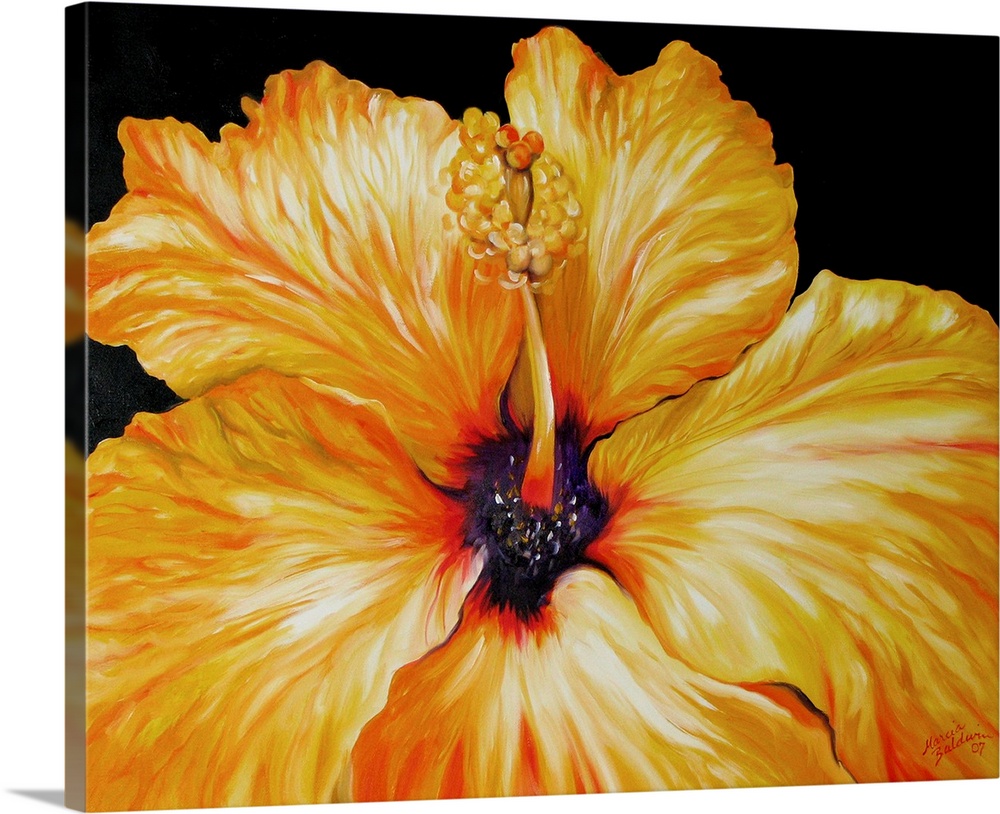 Close-up painting of a yellow hibiscus flower on a black background.