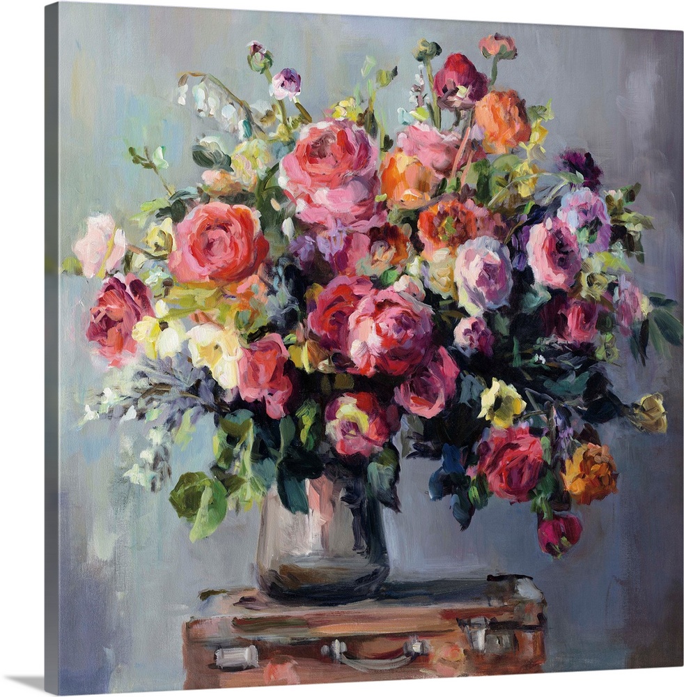Contemporary still-life painting of a bouquet of colorful flowers.