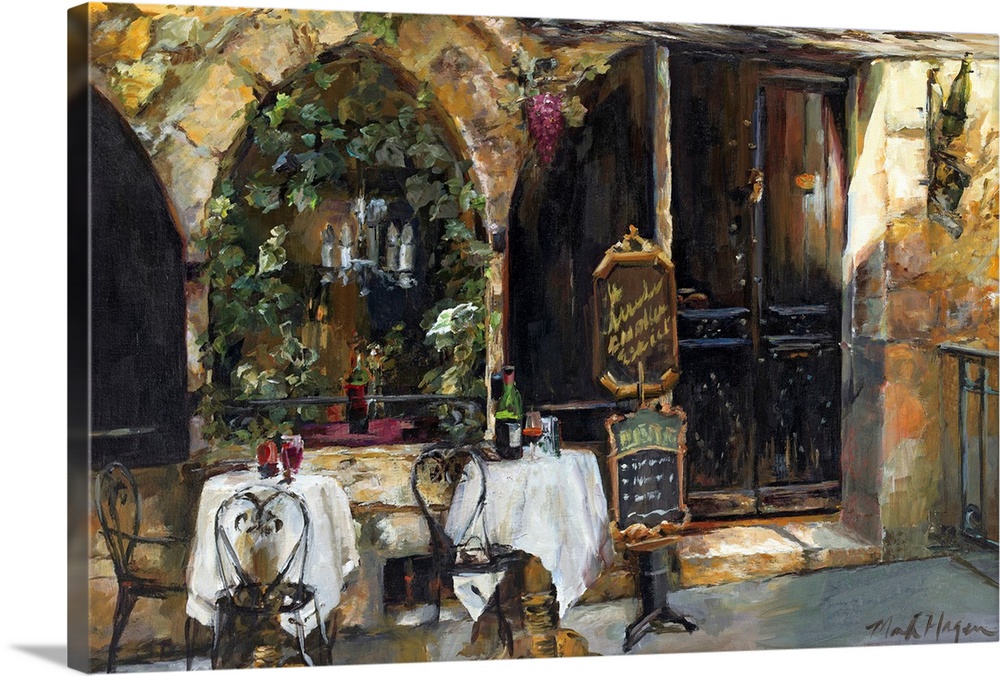 An impressionistic painting of an outdoor cafo in a rustic European city.
