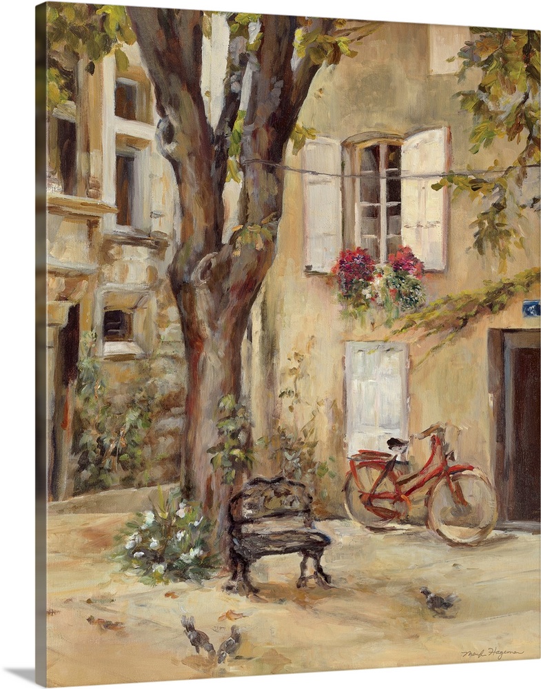 Painting of building courtyard with huge tree growing in center.  The building is covered with window with shutters and fl...