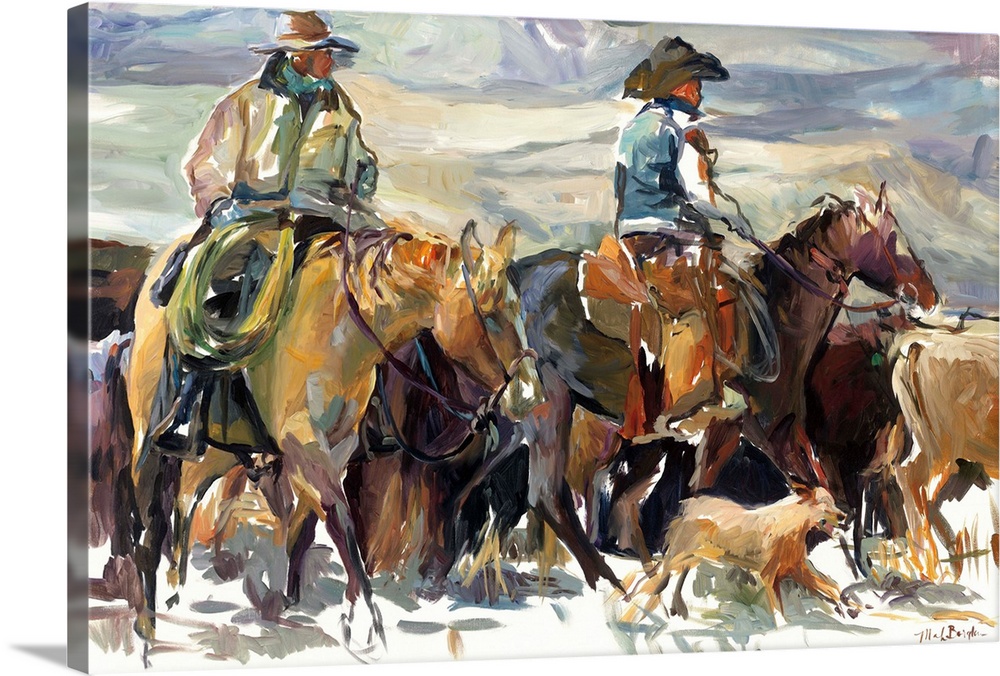 Cowboys on horseback fording cattle through a river.