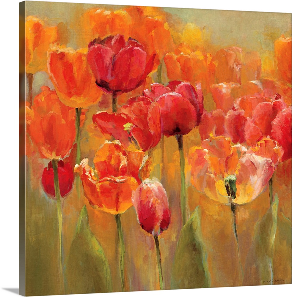 Square painting of tulips with flame colors on a neutral background.