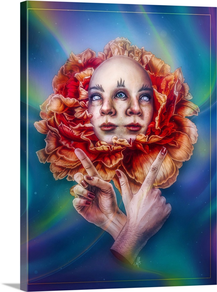 A beautiful mixed media illustration depicting a face emerging from a blooming flower showing three eyes as a metaphor of ...