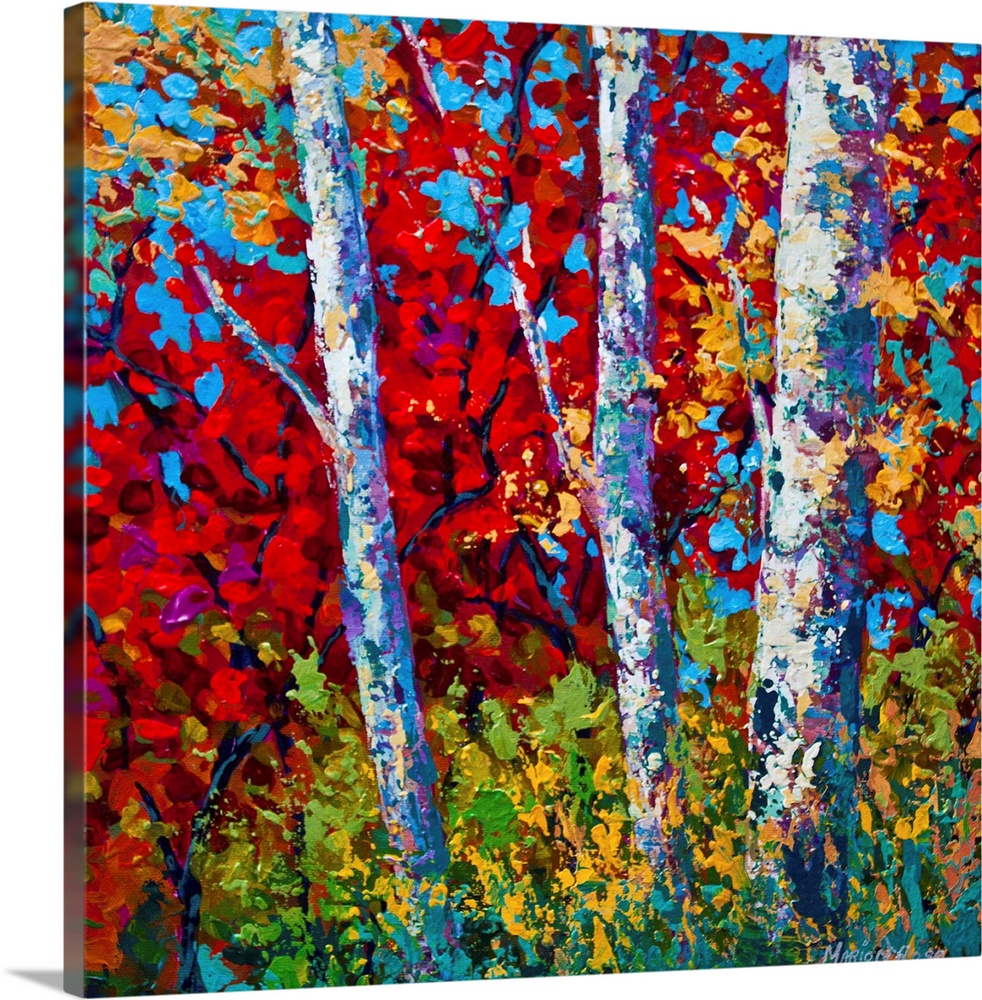 Contemporary painting by Marion Rose of three trees with bright autumn leaves on a sunny fall day.