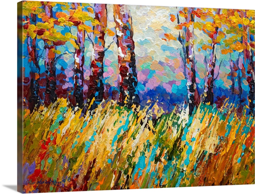 Large contemporary art portrays a set of trees sitting within a field of high grass as it gently blows in the wind.  Artis...