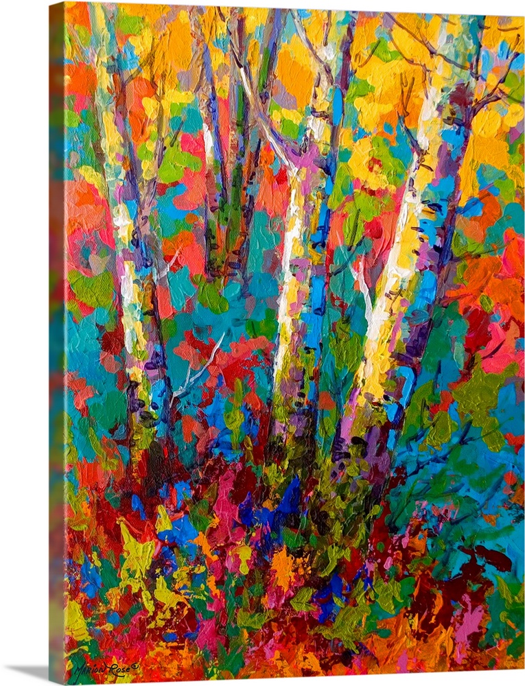 Large contemporary art depicts the bases of a few bare trees surrounded by a vibrantly colored background composed of vari...
