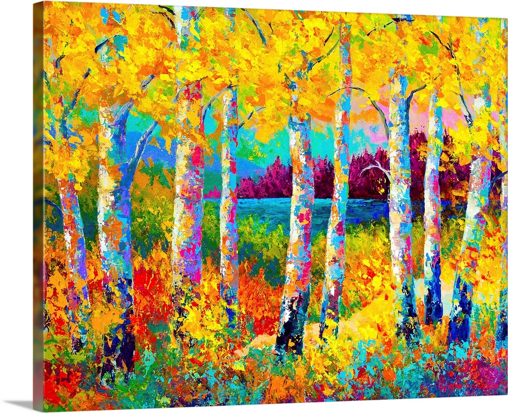 Large landscape wall painting of a group of trees in the fall, surrounded by brush, a body of water can be seen in the dis...