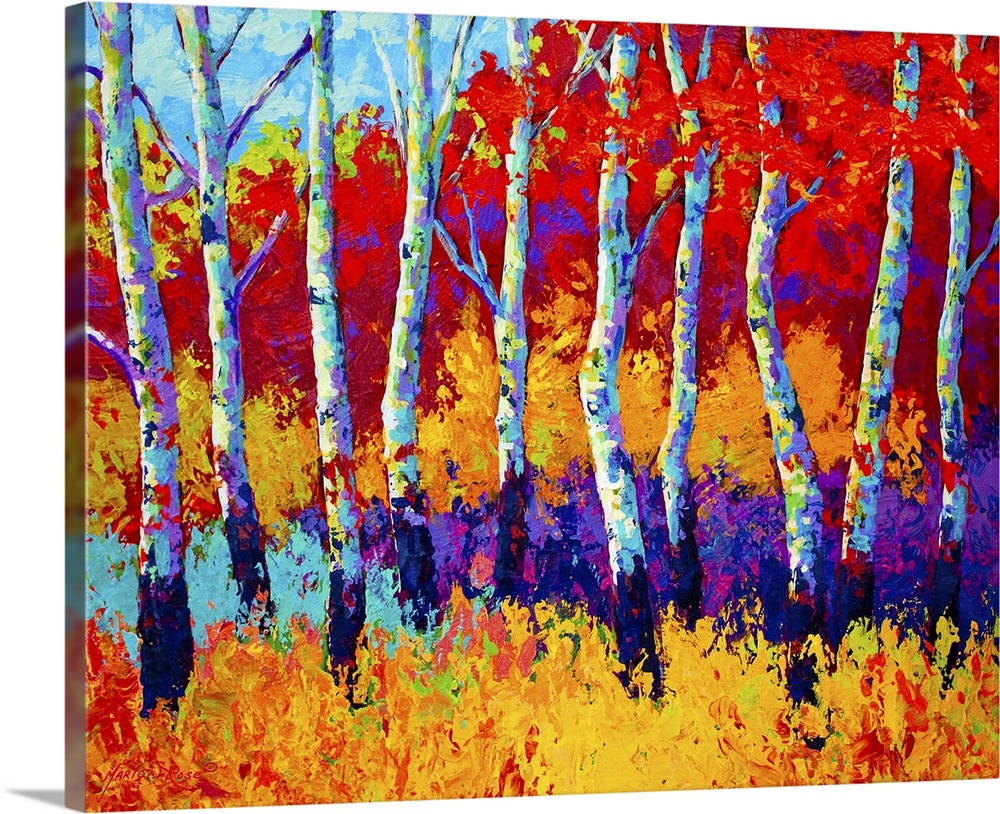 Large abstractly painted canvas print of a line of trees with fall foliage in the background.