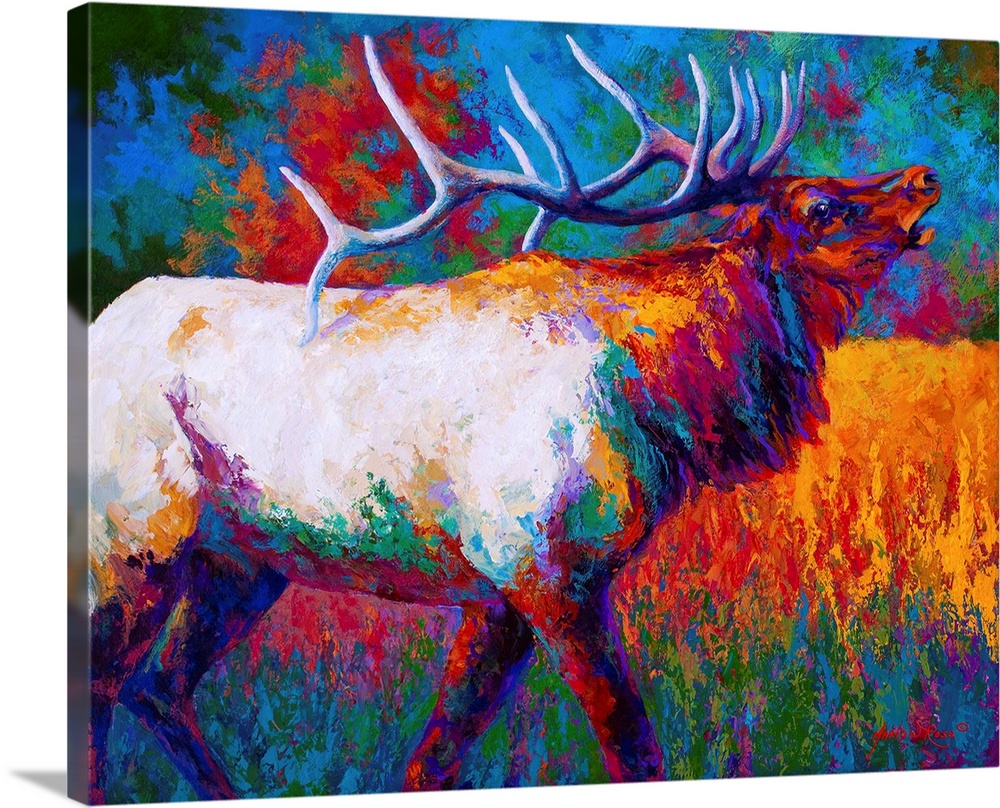 Contemporary painting of an elk with a large set of antlers done in a wide array of bold colors.