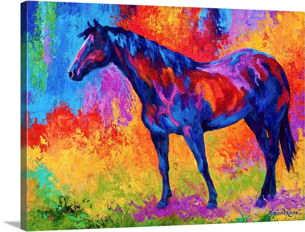 Brightly colored painting of a domestic female horse in a pasture, done in extremely saturated color.