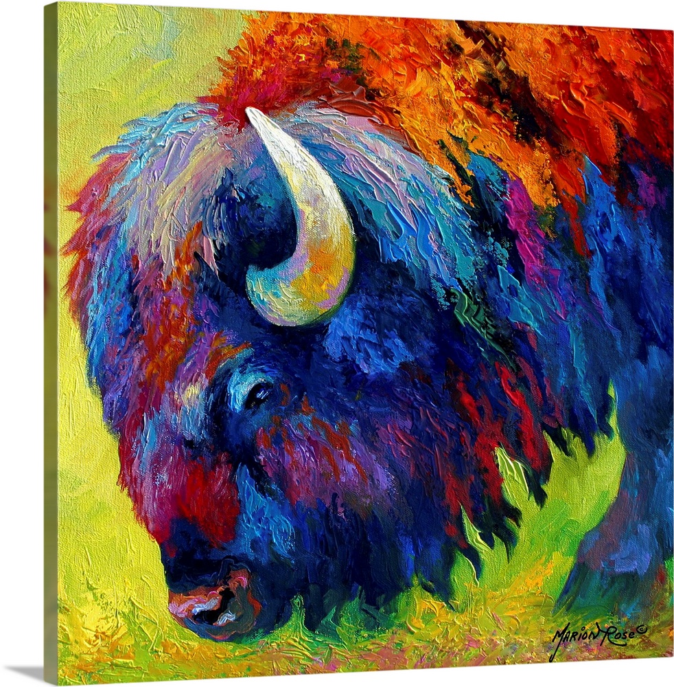 Square abstract painting of a bison with bright colors.