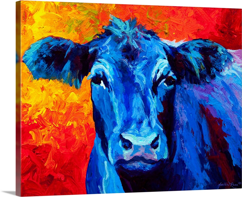 A contemporary portrait of a barn yard animal painted with bold brushstrokes and unusual colors.