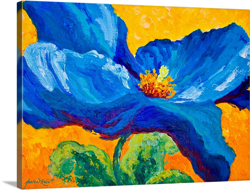 Big upclose painting of a blue poppy flower on a vibrant background. Strokes create a rough texture.
