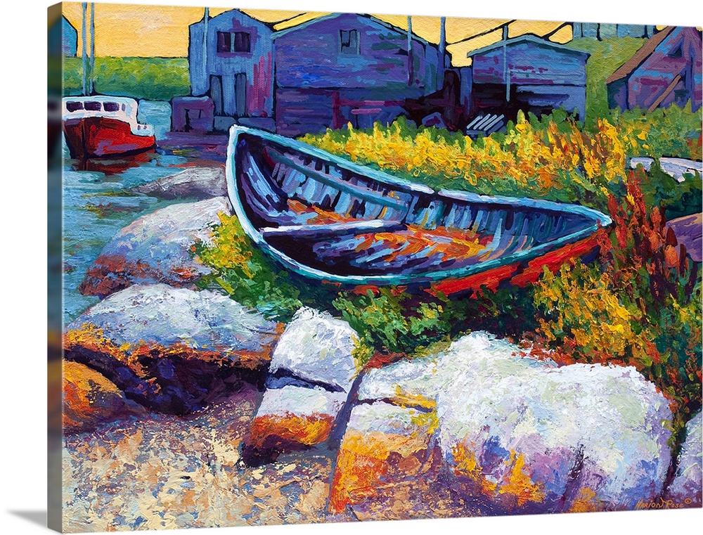 Colorful contemporary painting of a row boat sitting in a patch of grass on a pile of rocks with buildings in the distance...