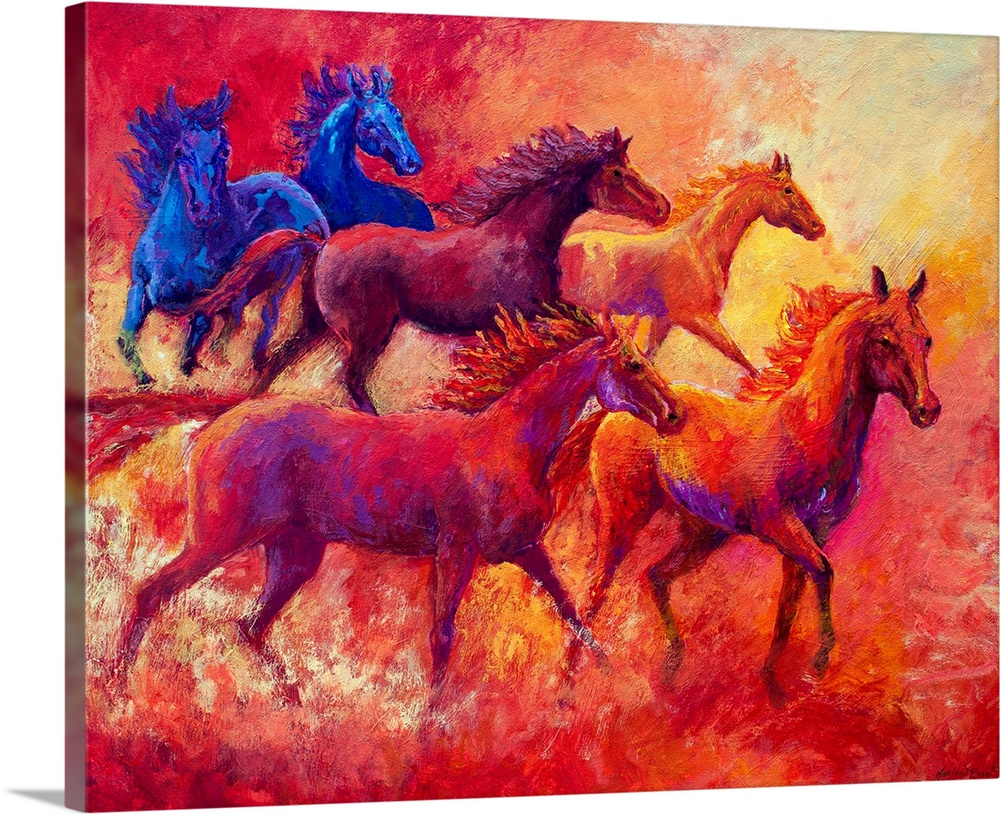 Landscape, large contemporary painting of a group of six horses running together in the same direction.  Painted with shor...
