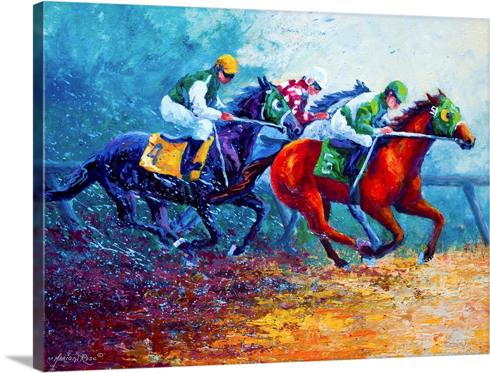 Contemporary drawing of horses racing on a track kicking up dirt behind them.