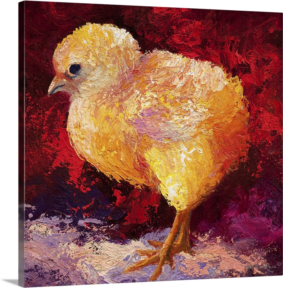 Brightly colored painting of a newborn chick with vibrant red and orange tones.