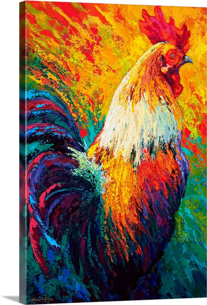 A rainbow of colors are used to paint a portrait of a single rooster.